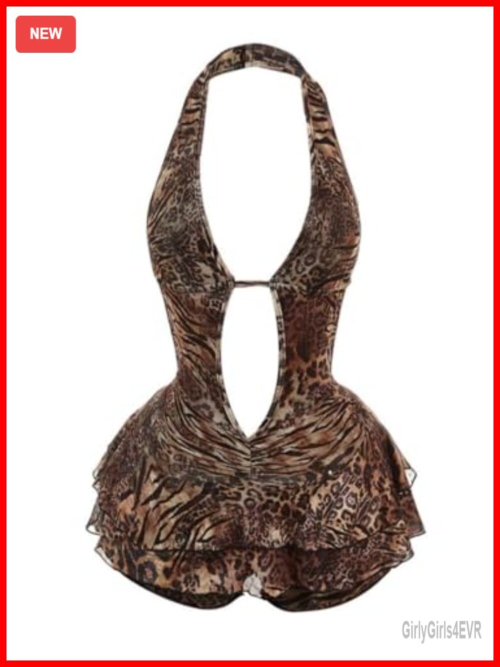 Women's Y2K Leopard Print Halter Romper Backless Ruffle Hem Club Jumpsuit